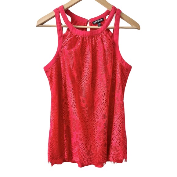Express Red Lace Front Halter Raw Hem - Picture 1 of 3
